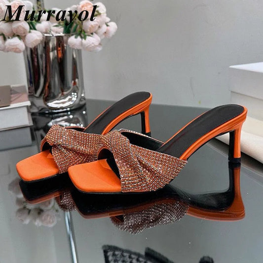 New Rhinestone Decoration Thin High Heels Slippers Women Open Toe Twist up One Strap Sandals Summer Sexy Party Dress Shoes Pumps