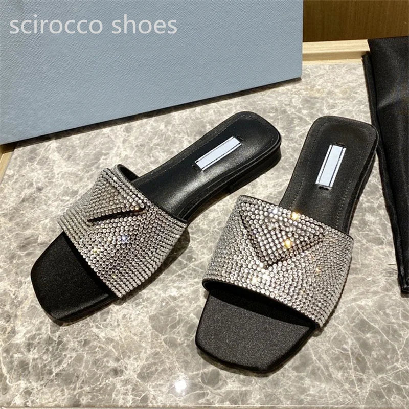 2024 High Heels Slippers Women Summer New Sandals Crystal Slides Flat Open-Toe Luxury Designer Shoes Fashion Diamond Size 35-42