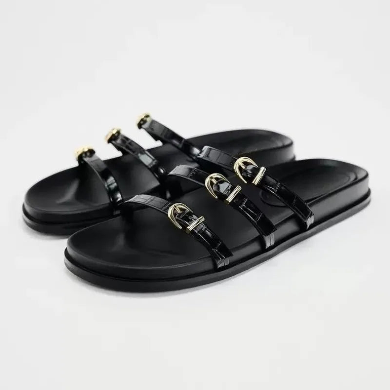 Woman’s Flats Sandals 2024 Summer Beach Sandals Female Casual Outdoor Slippers Female Elegant Buckled Strap Sandals gladiator