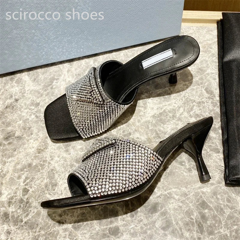 2024 High Heels Slippers Women Summer New Sandals Crystal Slides Flat Open-Toe Luxury Designer Shoes Fashion Diamond Size 35-42