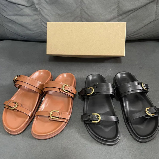 PSEEWE Brown Flat Sandals Women Slippers 2024 Thick Bottom Slippers Woman Open Toe Shoes Buckle Slippers and Sandals Casual Shoe