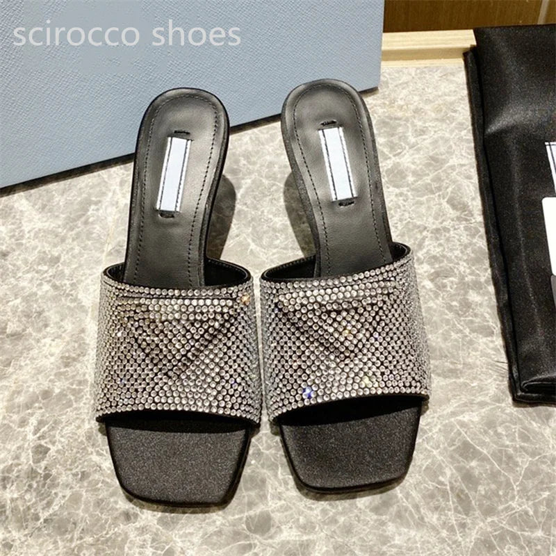 2024 High Heels Slippers Women Summer New Sandals Crystal Slides Flat Open-Toe Luxury Designer Shoes Fashion Diamond Size 35-42