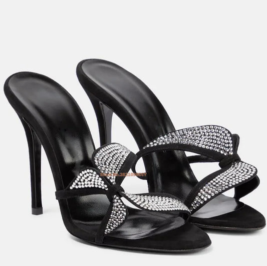 Step Into Black Suede Leather Crystal Embellished High Heel Sandals Women Small Shiny Rhinestones Bowtie Thin Heeled Shoes